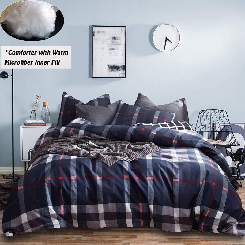 Houseri Navy Blue Plaid Comforter Sets Twin for Boys Deep Blue Buffalo Checkered Bed Sets Dark Color Grid Bedding Kids Teen Girls College Multicolor Checks Gingham Dorm Bedding Twin Size - Image 2